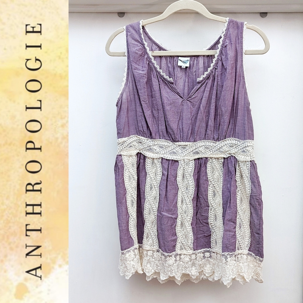 Anthropologie Purple + White Lace Prairie sleeveless top Sz M
